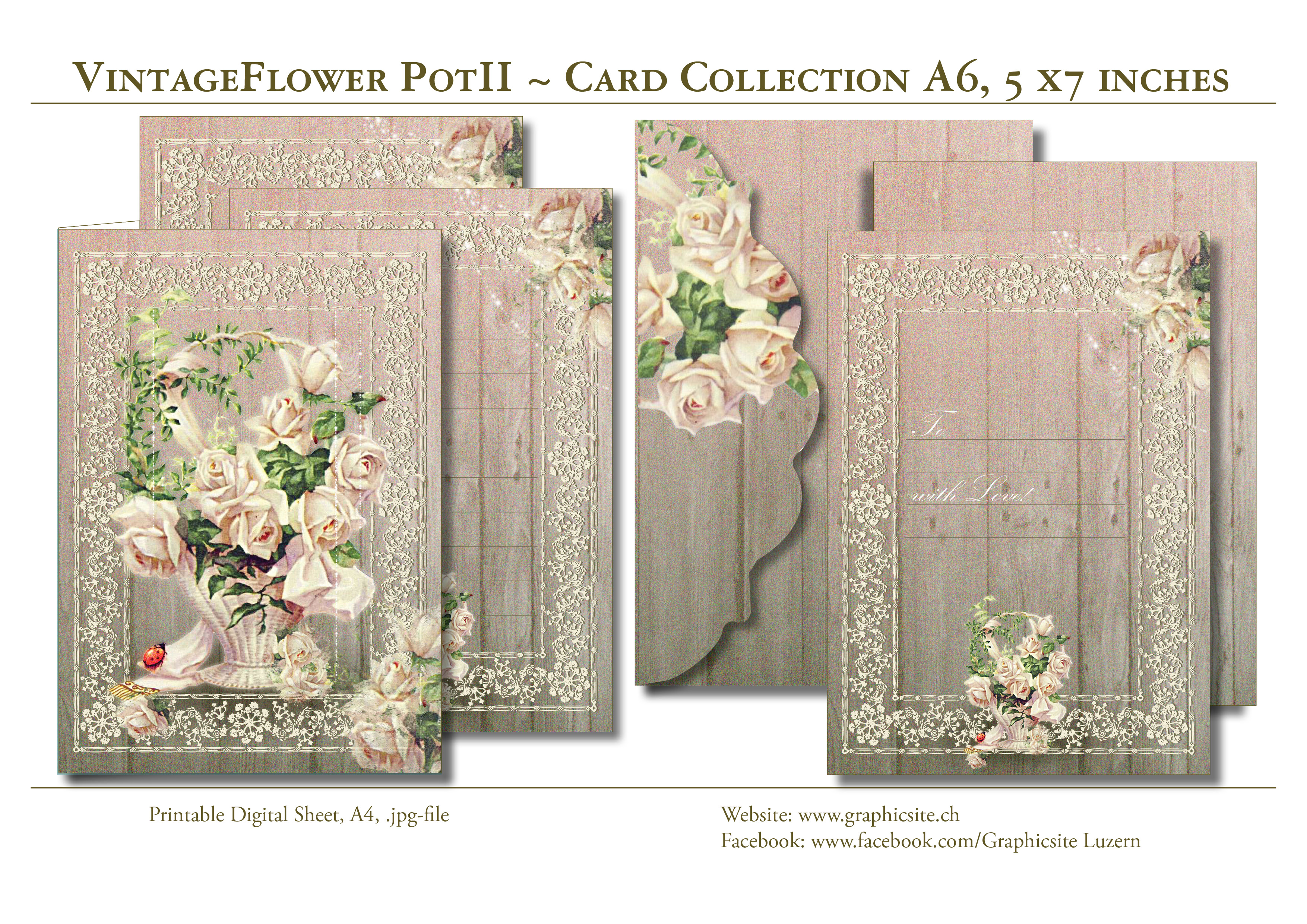 Printable Digital Sheets - Card Collection A6 - VintageFlowerPot2 - Birthday Cards, Envelop, Graphic Design, Luzern